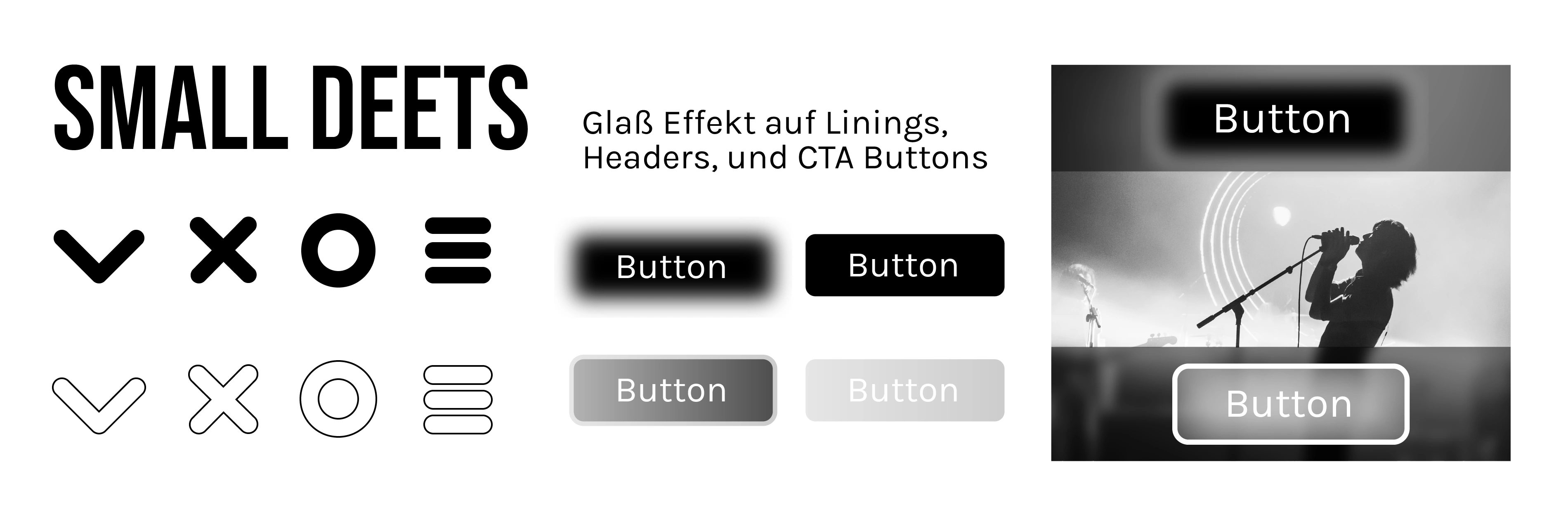 Resonanz Corporate Identity. Kleine Details wie Icons, Knöpfen, und Glaß Effekt für Headers, CTA Knöpfen, und Linings.